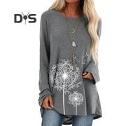 (M, grey) Women's Plus Size Tunic Top Dandelion Print Longline Shirt Crew Neck Long Sleeve Pullover Tee Casual Loose Fit Blouse for Work Daily Life