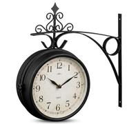 M&H Outdoor Dual Sided Station Clock, Vintage Garden Wall Clock with Bracket, Weather Resistant Double Sided Hanging Clock for Patio, Garden, Kitchen & Indoor Outdoor Décor, Black
