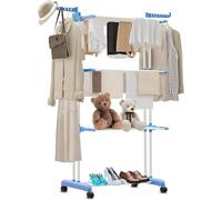 M.J COMFY-LIFE 3 Tier Foldable Clothes Drying Rack with Wheels & Wings, Heavy Duty Laundry Drying Rack, Portable Clothes Airer, Large Capacity Tidy Rail for Indoor Outdoor Use