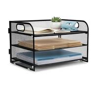 M.J COMFY-LIFE 3 Tier Paper Letter Tray with Handle, Metal Mesh Desk File Organizer for A4 Paper, Stackable Desktop Document Holder, Magazine Sorter for Home Office School Supplies (Black)