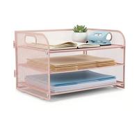 M.J COMFY-LIFE 3 Tier Paper Letter Tray with Handle, Metal Mesh Desk File Organizer for A4 Paper, Stackable Desktop Document Holder, Magazine Sorter for Home Office School Supplies (Pink)