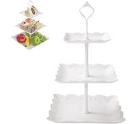 M.J COMFY-LIFE 3-Tier Plastic Cake Stand for Afternoon Tea Square (37cm Height) & Round (40cm Height) Options Cupcake/Donut Display Stand for Parties & Events (White) (Square)