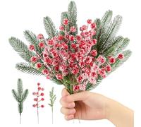 M.J COMFY-LIFE 36 Pack Artificial Red Berries and Frosted Pine Branches - Red Holly Berries Stems for Christmas Tree Decorations, DIY Wreaths, Floral Arrangements, Wedding & Holiday Home Decor