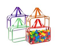 M.J COMFY-LIFE 4 Pack Clear Toy Storage Bags with Handle & ID Tags 12.2x9.06x3.94 Inch PVC Organizer Bags Reusable Transparent Travel Toiletry Bags for Building Blocks Puzzles Cosmetics Multicolor