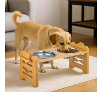 M.J COMFY-LIFE 6-Level Adjustable Bamboo Raised Dog Bowl Stand with 2 x 304 Stainless Steel Bowls - 15° Tilt Elevated Feeding Station, Foldable Pet Food Dish Holder for Small & Medium Dogs & Cats
