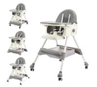 M.J COMFY-LIFE Baby High Chair 6 in 1, Convertible and Adjustable High Chairs for Babies and Toddlers with Removable Tray, Safety Harness, Footrest & Wheels, Suitable for 6 Months Plus, Grey