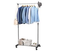 M.J COMFY-LIFE Clothes Rail with Wheels Extendable Clothes Rack Small Portable Clothing Rail for Bedroom Hanging Rail Adjustable Dress Coat Rack Tidy with Storage Stand (Black, Single rail)