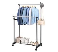M.J COMFY-LIFE Clothes Rail with Wheels Extendable Clothes Rack Small Portable Clothing Rail for Bedroom Hanging Rail Adjustable Dress Coat Rack Tidy with Storage Stand (Black, Double rail)