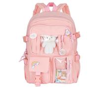 M.J COMFY-LIFE Cute Kawaii Backpack for Girls Large Capacity School Backpack with Bear Pendant & Pins, Lightweight Multi-Pocket Rucksack for Teens (Blue/Pink) Waterproof Laptop Bag for College (PINK)