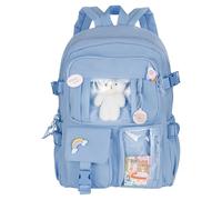 M.J COMFY-LIFE Cute Kawaii Backpack for Girls Large Capacity School Backpack with Bear Pendant & Pins, Lightweight Multi-Pocket Rucksack for Teens (Blue/Pink) Waterproof Laptop Bag for College (BLUE)