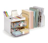 M.J COMFY-LIFE Desktop Organizer with Drawers White Plastic Bookshelf and File Sorter with Pen Holder 4 Metal Bookends Compact Desk Storage for Home Office Student Dorm Room Supplies
