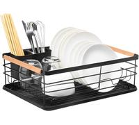 M.J COMFY-LIFE Dish Drainer Rack with Removable Drip Tray - Large Space Saving Kitchen Drying Rack for Plates, Bowls & Cutlery - Rust-Proof Metal Frame with Wooden Handles (Black)