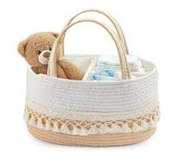 M.J COMFY-LIFE French Country Woven Storage Basket - Portable Fabric Hamper with Open Lid & Sturdy Sides, Baby Bottle, Diaper Organizer, Kitchen, Bathroom Basket (Beige tassel)