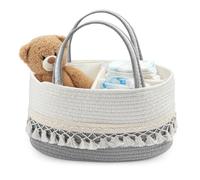 M.J COMFY-LIFE French Country Woven Storage Basket - Portable Fabric Hamper with Open Lid & Sturdy Sides, Baby Bottle, Diaper Organizer, Kitchen, Bathroom Basket (Gray tassel)