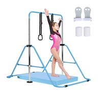 M.J COMFY-LIFE Gymnastics Bar Adjustable Junior Bar for Kids Ages 6-12 with Rings & Grips - Safe Triangular Gymnastic Bar for Home, gymnastics pole 5 Height Levels, up to 120 lbs (With Mat, Blue)