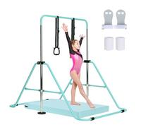 M.J COMFY-LIFE Gymnastics Bar Adjustable Junior Bar for Kids Ages 6-12 with Rings & Grips - Safe Triangular Gymnastic Bar for Home, gymnastics pole 5 Height Levels, up to 120 lbs (With Mat, Green)