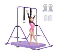 M.J COMFY-LIFE Gymnastics Bar Adjustable Junior Bar for Kids Ages 6-12 with Rings & Grips - Safe Triangular Gymnastic Bar for Home, gymnastics pole 5 Height Levels, up to 120 lbs (With Mat, Purple)