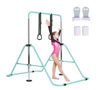 M.J COMFY-LIFE Gymnastics Bar Adjustable Junior Bar for Kids Ages 6-12 with Rings & Grips - Safe Triangular Gymnastic Bar for Home, gymnastics pole 5 Height Levels, up to 120 lbs (Without Mat, Green)