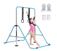 M.J COMFY-LIFE Gymnastics Bar Adjustable Junior Bar for Kids Ages 6-12 with Rings & Grips - Safe Triangular Gymnastic Bar for Home, gymnastics pole 5 Height Levels, up to 120 lbs (Without Mat, Blue)