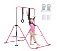 M.J COMFY-LIFE Gymnastics Bar Adjustable Junior Bar for Kids Ages 6-12 with Rings & Grips - Safe Triangular Gymnastic Bar for Home, gymnastics pole 5 Height Levels, up to 120 lbs (Without Mat, Pink)