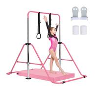 M.J COMFY-LIFE Gymnastics Bar Adjustable Junior Bar for Kids Ages 6-12 with Rings & Grips - Safe Triangular Gymnastic Bar for Home, gymnastics pole 5 Height Levels, up to 120 lbs (With Mat, Pink)