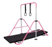 M.J COMFY-LIFE Gymnastics Bar with Three-fold mat and Rings, Horizontal Bar, Kids Gymnastics Equipment-5 adjustable heights-Quick storage (Pink Bar + Balck Mat)