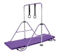 M.J COMFY-LIFE Gymnastics Bar with Three-fold mat and Rings, Horizontal Bar, Kids Gymnastics Equipment-5 adjustable heights-Quick storage (Purple Bar + Purple Mat)
