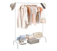 M.J COMFY-LIFE Heavy-Duty Clothes Rail with Hooks & Mesh Shelf - Black Metal Hanging Rack for Coats Stores Boxes & Shoes Space-Saving Hanging Rail for Bedroom (White)