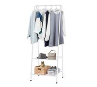 M.J COMFY-LIFE Small Clothes Rack Metal Clothes Rail for Bedroom Garment Rack with 2-Tier Storage Shelves Space-Saving Storage Organizer Hanging Display Stand for Clothes Hats Shoes Bags (White)