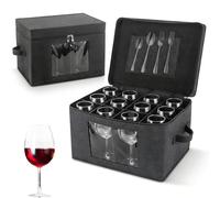 M.J COMFY-LIFE Wine Glass Storage Box with Lid, Hard Shell Stemware Storage Container with 12 Dividers, Glassware Packing Box for Moving Crystal Wine Glasses, Champagne Flutes, Drinkware Organizer
