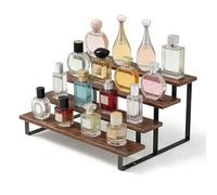 M.J COMFY-LIFE Wooden Display Riser Stand 4 Tier Perfume and Cologne Organizer for Men Rustic Brown Tiered Spice Rack Shelf for Kitchen Counter Bathroom Vanity Skincare Figurine Cupcake Display