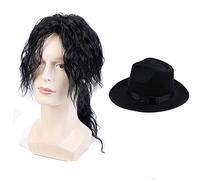 M J Cosplay Performance Accessory Black Synthetic Fiber Wig and Hat for Adult