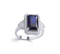 (M) Jewelco London Ladies Rhodium Plated Sterling Silver Blue Emerald CZ Arrowhead Rectangular Halo Solitaire Cocktail Ring - GVR897