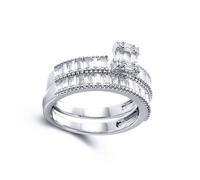 (M) Jewelco London Ladies Rhodium Sterling Silver Round & Baguette CZ Shoulder-set Bridge Solitaire-style Bridal Set Rings - ARN155