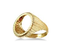 (M) Jewelco London Men's Solid 9ct Yellow Gold Ribbed Barked Half Sovereign Mount Ring - JRN183-H