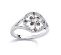 (M) Jewelco London Rhodium Plated Sterling Silver Brown Marcusite & CZ Clover Mosaic Hot Cross Bun Button Cocktail Ring - GSR1033