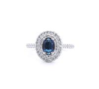 (M) Jewelco London Rhodium Silver Blue Oval CZ Double Tier Halo Shoulder-set Cluster Ring - ARN187B