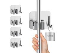 M JINGMEI Mop Holder Wall Mounted, 4 Pcs Stainless Steel Self Adhesive Mop Broom Holder with Hooks Hanger Self-Adhesive Broom Holder for Office, Closet, Garden Garage, Bathroom,Kitchen (Silver)