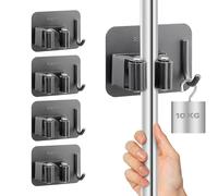 M JINGMEI Mop Holder Wall Mounted, 4 Pcs Stainless Steel Self Adhesive Mop Broom Holder with Hooks Hanger Self-Adhesive Broom Holder for Office,Closet,Garden Garage,Bathroom,Kitchen(Dark Grey)