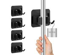 M JINGMEI Mop Holder Wall Mounted, 4 Pcs Stainless Steel Self Adhesive Mop Broom Holder with Hooks Hanger Self-Adhesive Broom Holder for Office, Closet, Garden Garage, Bathroom, Kitchen (Black)