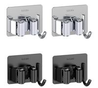 M JINGMEI Mop Holder Wall Mounted, 4Pcs Stainless Steel Self Adhesive Mop Broom Holder with Hooks Hanger Self-Adhesive Broom Holder for Office, Garden Garage, Bathroom, Kitchen (Black&Sliver)