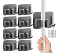 M JINGMEI Mop Holder Wall Mounted, 8 Pcs Stainless Steel Self Adhesive Mop Broom Holder with Hooks Hanger Self-Adhesive Broom Holder for Office, Closet, Garden Garage, Bathroom, Kitchen (Dark Grey)