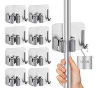 M JINGMEI Mop Holder Wall Mounted, 8Pcs Stainless Steel Self Adhesive Mop Broom Holder with Hooks Hanger Self-Adhesive Broom Holder for Office, Closet, Garden Garage, Bathroom, Kitchen (Silver)