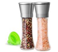 M JINGMEI Premium Stainless Steel Sea Salt and Pepper Grinder Set of 2 - Adjustable Ceramic - Tall Glass Salt and Pepper Shakers - Pepper Mill & Salt Mill W/Funnel (2.6" W x 7.5" H)