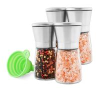 M JINGMEI Salt and Pepper Grinder Set of 4, Refillable Spice Pepper Mill, Manual Sea Salt & Black Pepper Shakers, Adjustable Stainless Steel Cap, Glass Body Ceramic Blade