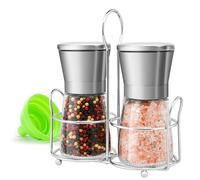 M JINGMEI Stainless Steel Salt and Pepper Grinder Set - Short Glass Shaker, Pepper Mill & Salt Mill with Adjustable Coarseness, Refillable for Himalayan or Sea Salt, Black Peppercorn, with Bonus Stand