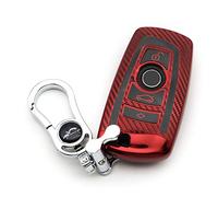 M.JVisun Soft Carbon Fiber Finish Car Key Fob Cover For BMW 1 Series 2 3 4 5 6 7 Series 5GT GT3 GT5 X1 X3 X4 M2 M3 M4 M5 M6 Electroplated TPU Case With Metal Keychain - Red