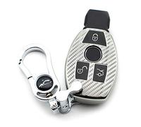 M.JVisun Soft Carbon Fiber Finish Car Key Fob Cover For Mercedes-Benz A Class B C E S G M V Class CLA CLS GLA GLC GLE GLK GL GLS SL SLK SLC Viano For Metris TPU Case With Metal Keychain - Silver