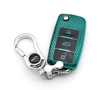 M.JVisun Soft Carbon Fiber Finish Car Key Fob Cover For Skoda Citigo Fabia Octavia Rapid Spaceback Roomster Superb Combi Yeti Flip Key Electroplated TPU Case With Metal Keychain - 3 Buttons - Green