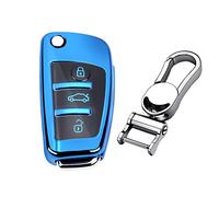 M.JVisun Soft TPU Case Cover Protector Case for Audi Flip Car Remote Key Fob Cover for Audi A1 A3 A4 A6 A8 Quattro Q2 Q3 Q7 R8 RS3 RS6 S3 S6 TT TTS Key Shell - Glossy Blue - Metal Keychain